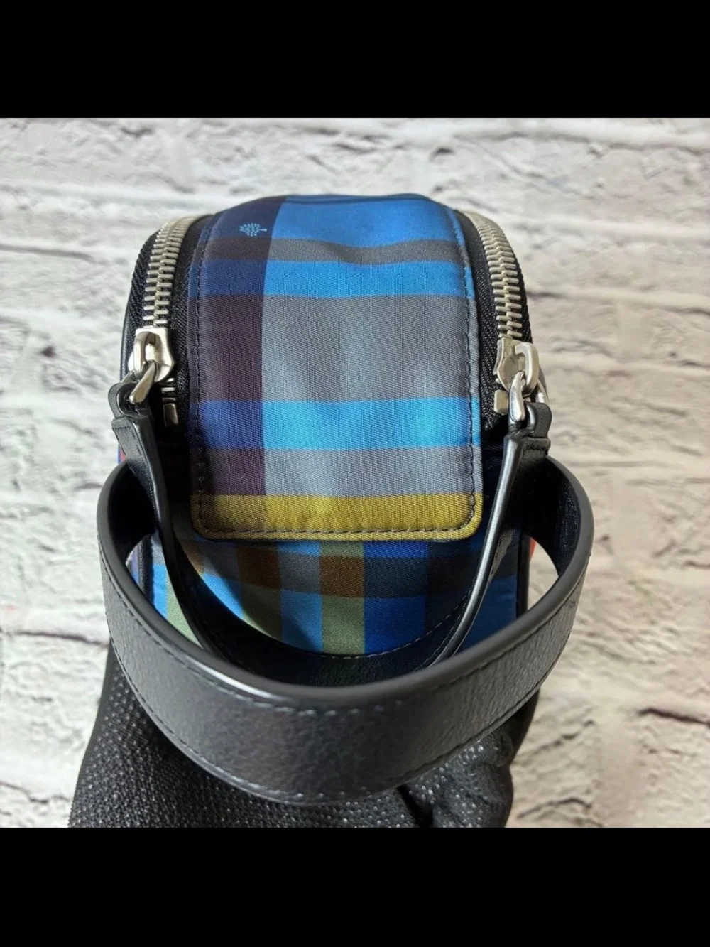 Mulberry Red and Blue Plaid Leather-Trim Toiletry Bag
